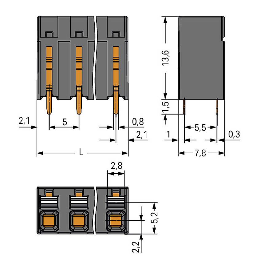 'Złącze trójbiegunowe': Rysunek techniczny złącza z wymiarami w milimetrach. Przedstawia widok z przodu, z boku i z góry.