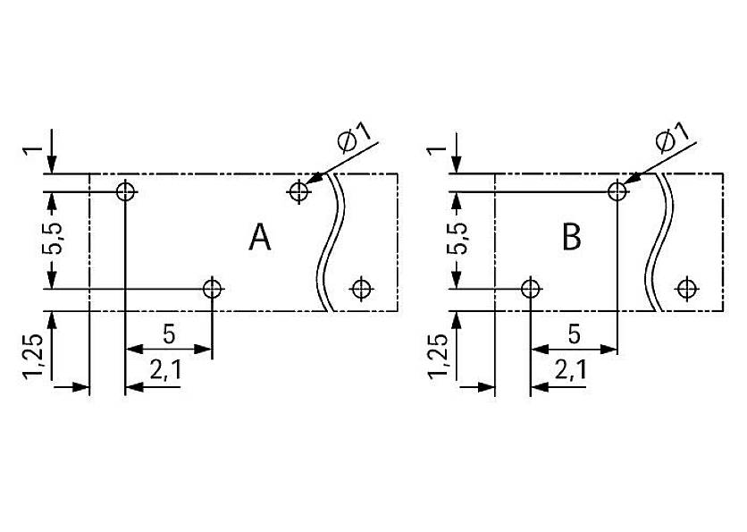 Rysunek techniczny dwóch prostokątnych elementów, A i B, o identycznych wymiarach i pozycjach otworów: 5 mm, 2,1 mm, 5,5 mm oraz 1,25 mm.