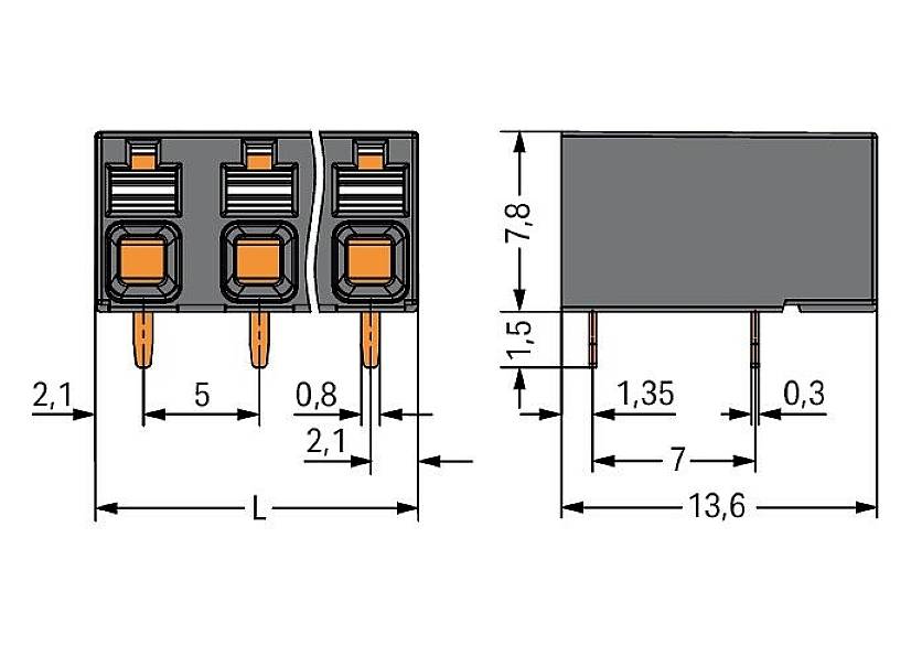 Rysunek techniczny prostokątnego złącza z wymiarami: szerokość 2,1 mm, wysokość 7,8 mm, długość 13,6 mm, styki dolne.