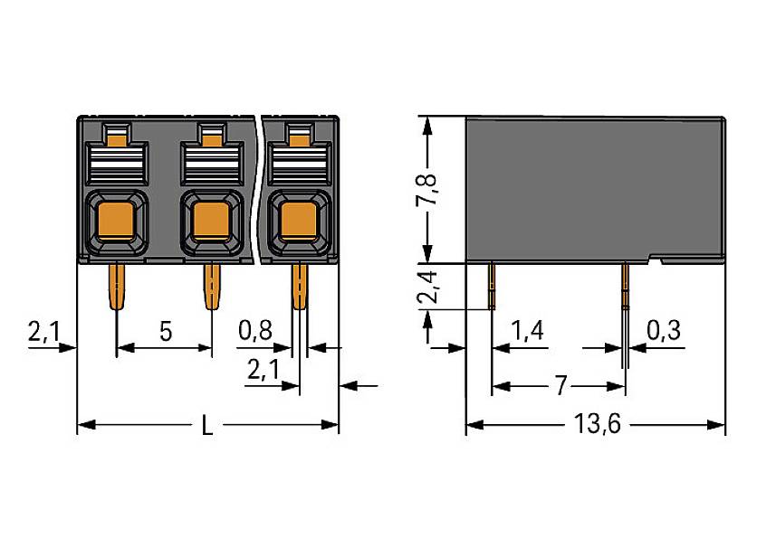 Rysunek techniczny złącza elektrycznego z oznaczeniami wymiarów w milimetrach: wysokość 7,8, szerokość 13,6. Zaznaczone przyłącza pionowe i poziome.