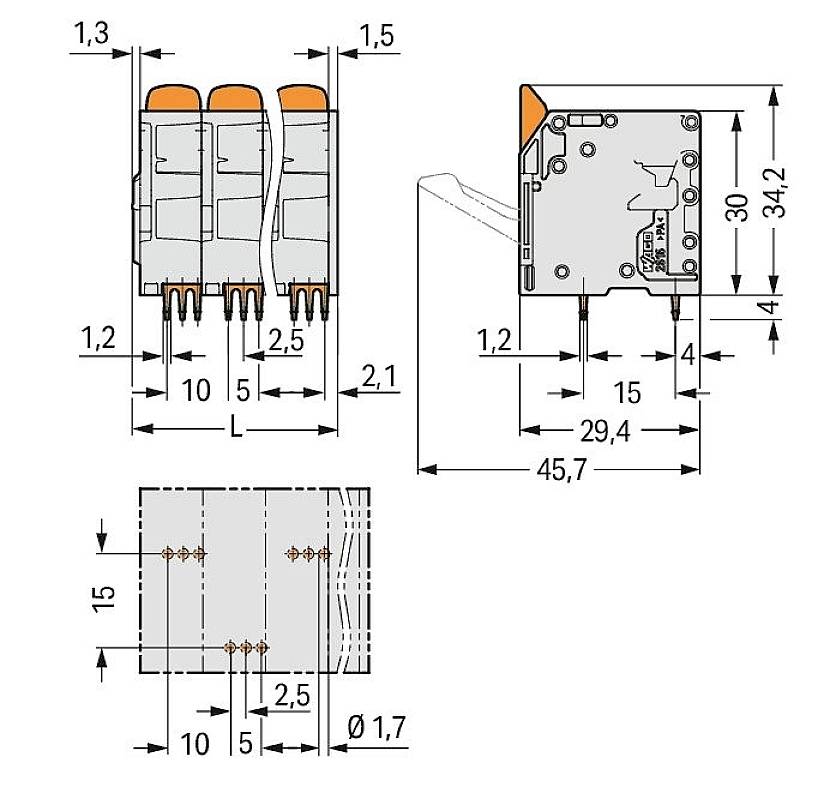 Rysunek techniczny wielobiegunowego złącza elektrycznego z wymiarowaniem. Przedstawia widok z góry, widok z boku oraz wymiary w milimetrach.