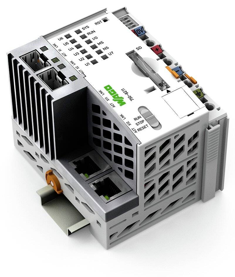 Przemysłowy moduł automatyzacji z wieloma portami przyłączeniowymi, diodami LED do sygnalizacji stanu oraz przełącznikiem suwakowym na górnej powierzchni.