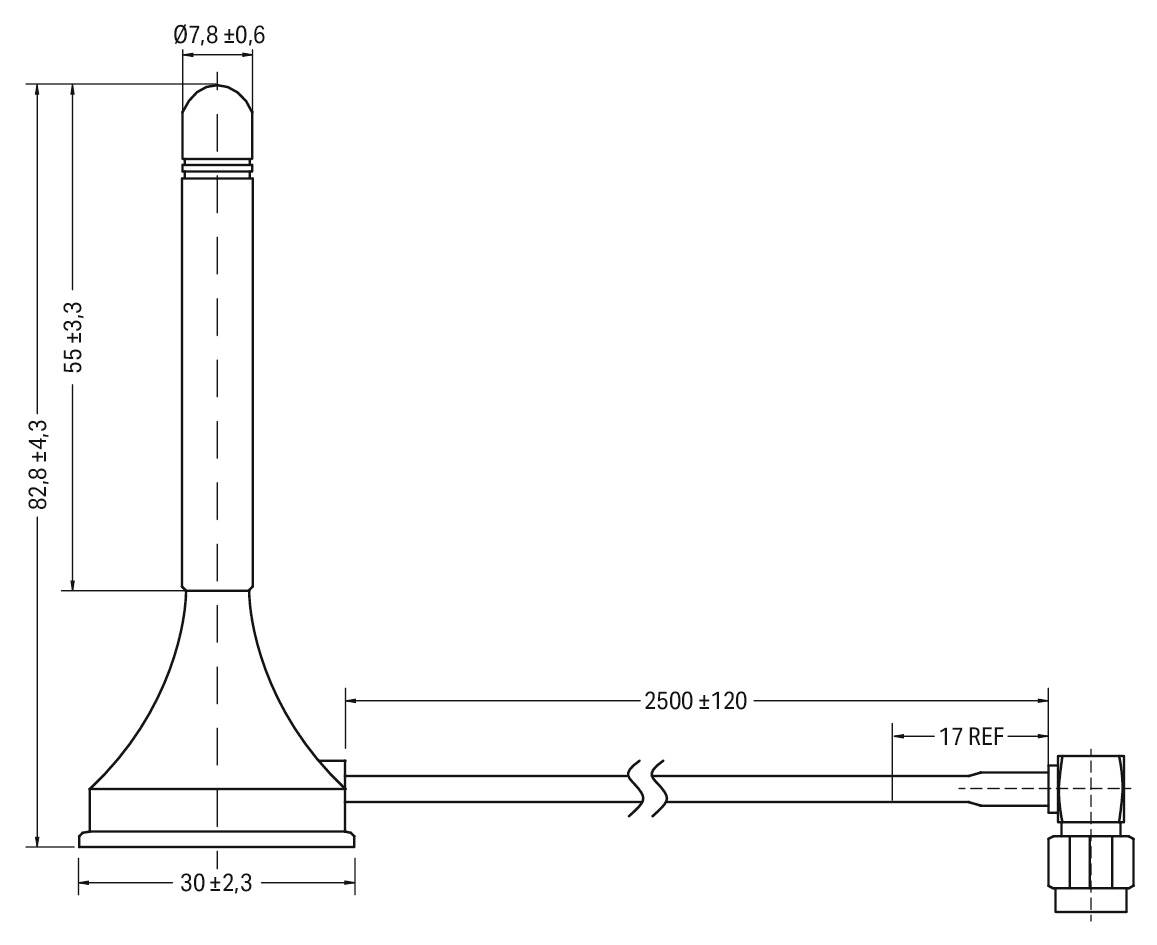 Rysunek techniczny zaworu z wymiarami: wysokość całkowita 82,8 mm, średnica głowicy 7,8 mm, długość trzpienia 55,3 mm, długość rury 2500 mm.