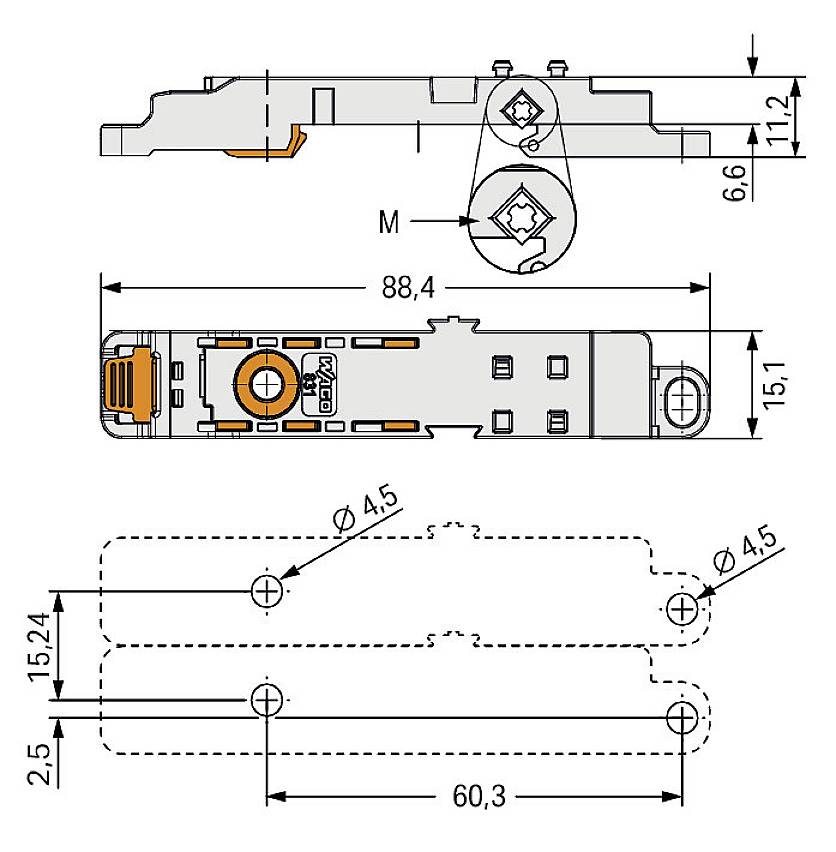 Rysunek techniczny elementu z wymiarami i otworami. Na górze widoczne są wysokości, na dole - otwory mocujące.