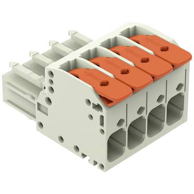 Cztero-stykowy złącz kablowy w kolorze szaro-pomarańczowym z mechanizmem dźwigniowym, przeznaczony do łatwego łączenia przewodów w instalacjach elektrycznych.