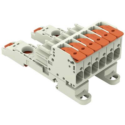 Specjalny złącze z kilkoma pomarańczowymi dźwigniami do podłączania przewodów elektrycznych na płycie montażowej.
