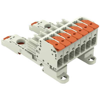Biała, modularna listwa zaciskowa z czerwonymi dźwigniami do prowadzenia instalacji elektrycznych, mocowana na szynie DIN.