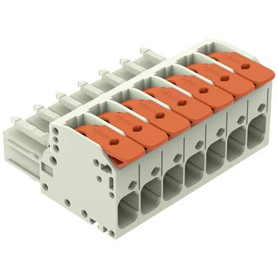 Wielobiegunowa, wtykowa listwa zaciskowa z pomarańczowymi dźwigniami, przeznaczona do łączenia przewodów elektrycznych w szafach rozdzielczych.