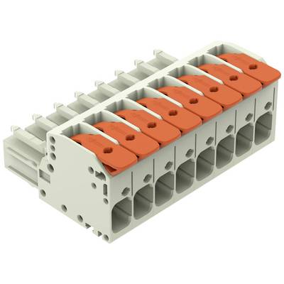 Wielobiegunowy złącze w kolorze szarym z pomarańczowymi dźwigniami, odpowiednie do instalacji elektrycznych i połączeń.