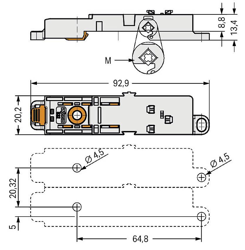Rysunek techniczny mechanizmu zamykającego: widok z góry i widok z boku. Wymiary i otwory montażowe zostały oznaczone do instalacji.
