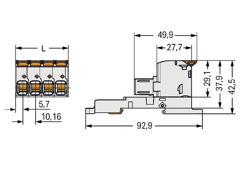 Rysunek techniczny złącza elektrycznego z wymiarami: długość 92,9 mm, wysokość zmienna do 42,5 mm, szerokość 49,9 mm.
