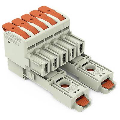 Szary blok zaciskowy z elektrycznym mechanizmem, wyposażony w pięć czerwonych dźwigni do mocowania przewodów, stosowany w obwodach elektrycznych.