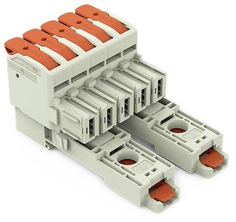 Elektryczny złącz wtykowy z wieloma pomarańczowymi dźwigniami do połączeń kablowych, odpowiedni do zastosowań przemysłowych.