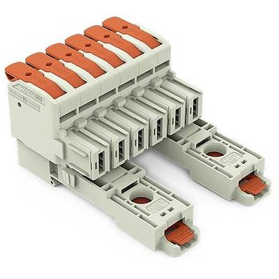 Wielopoziomowa listwa zaciskowa z sześcioma pomarańczowymi dźwigniami umożliwiającymi łatwą komunikację kablową, przeznaczona do podłączeń elektrycznych.