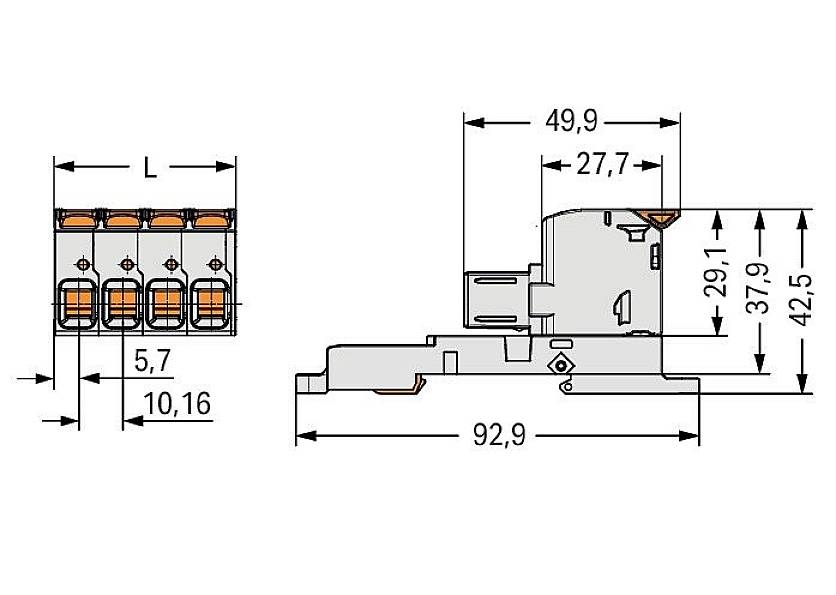 Rysunek techniczny złącza ze szczegółowymi wymiarami: 49,9 mm, 92,9 mm, 37,9 mm, 42,5 mm. Przedstawia pozycje i rozmiary.