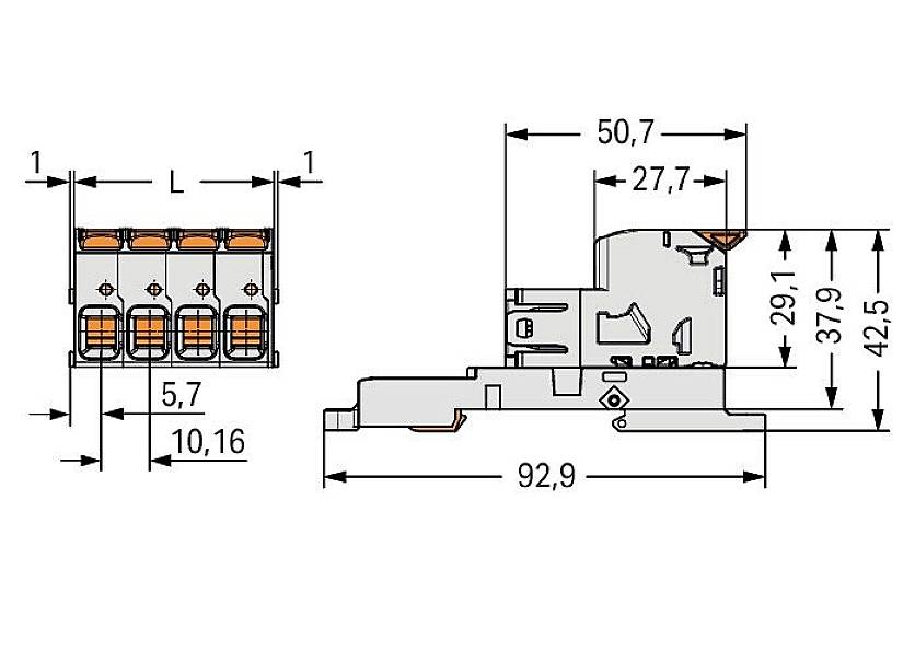 Schemat złącza elektrycznego z wymiarami: 92,9 mm x 50,7 mm x 42,5 mm. Przedstawiono szczegóły techniczne.