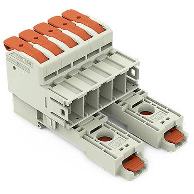Złącze z wieloma pomarańczowymi dźwigniami, przeznaczone do bezpiecznego podłączania przewodów. Odpowiednie do instalacji elektrycznych.