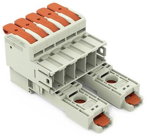 Biały złącze z pięcioma pomarańczowymi dźwigniami, odpowiednie do okablowania w dziedzinie elektrycznej.