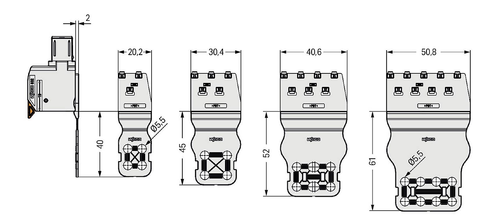 Diagram czterech elementów elektrycznych z poszczególnymi wymiarami w milimetrach, o szerokości od 20,2 do 50,8 oraz wysokości od 40 do 61.