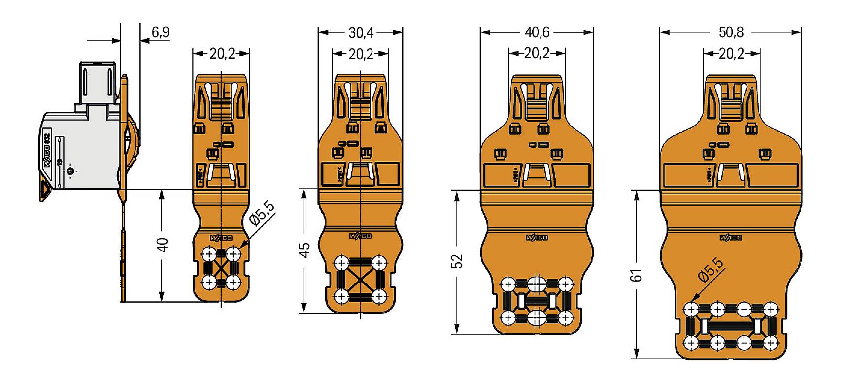 Rysunek techniczny przedstawia cztery pomarańczowe moduły elektroniczne z wymiarami. Wymiary są następujące: po lewej: 40x6,9 mm; pośrodku: 30,4x45 mm; środkowo-prawy: 50,8x52 mm; po prawej: 50,8 mm.