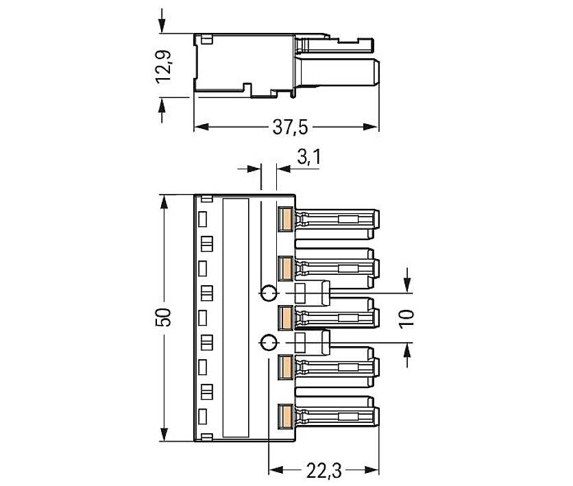 Rysunek techniczny złącza z wymiarami: wysokość 12,9 mm, długość 37,5 mm, szerokość 22,3 mm. Przedstawia widok z góry i widok z boku.