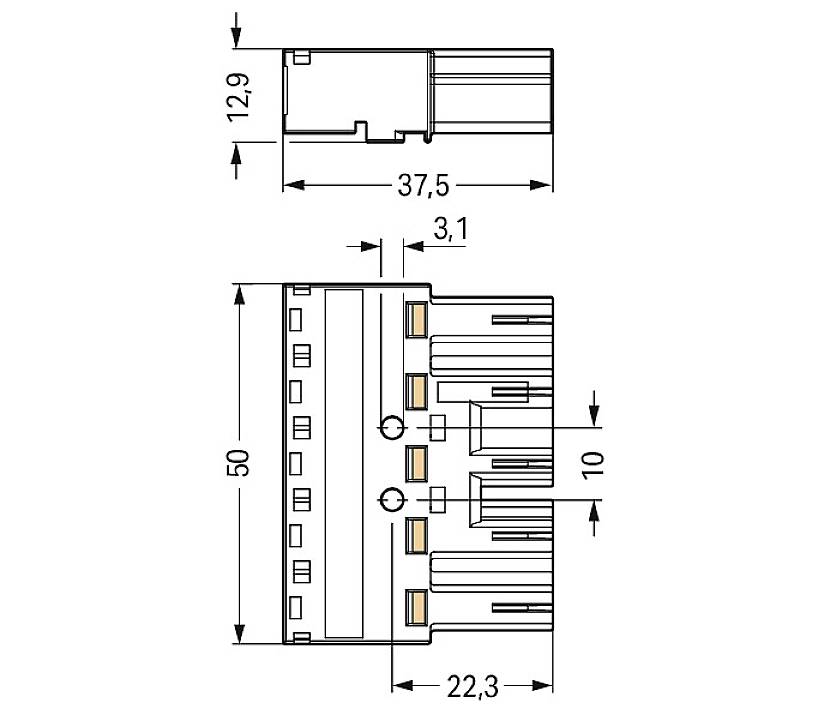 Rysunek złącza z wymiarami: wysokość 12,9 mm, długość 37,5 mm, szerokość 50 mm, szerokość podłączenia 22,3 mm.