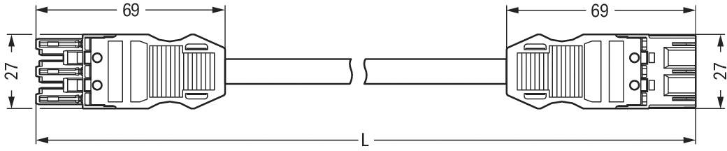 Diagram przewodu kablowego z wtyczkami na obu końcach, długość wtyczek 69 mm i szerokość 27 mm.