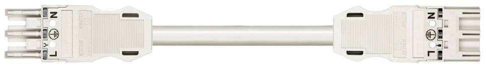 Białe elektryczne przewód połączeniowy z trzema wtyczkami po lewej stronie i trzema gniazdami po prawej stronie.