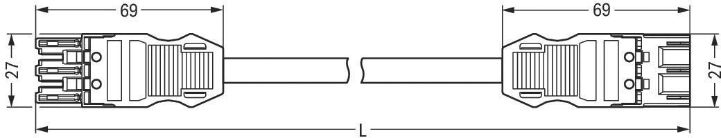 Rysunek techniczny złącza elektrycznego z wymiarami: długość 69 mm i szerokość 27 mm. Połączenie kablowe w środku.