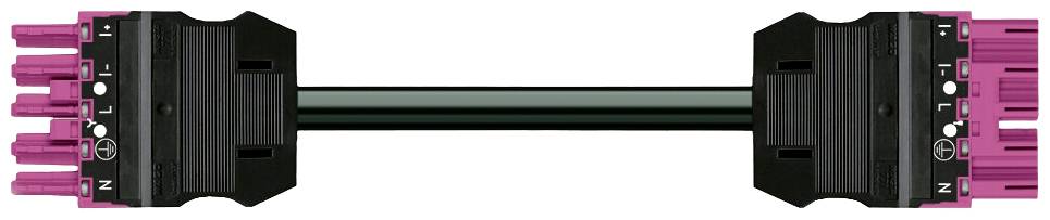 Czarny kabel z różowymi złączami na obu końcach. Elementy połączenia są oznaczone literami i symbolami.