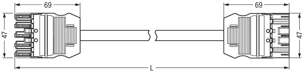 Rysunek techniczny wtyczki dwustronnej z wymiarami: szerokość 69 mm, wysokość 47 mm. Kabel połączeniowy w środku.
