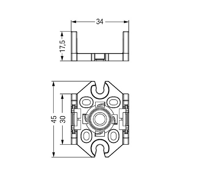 Rysunek techniczny elementu z dwoma widokami. Góra: widok z boku, szerokość 34 mm, wysokość 17,5 mm. Dół: widok z góry, długość 45 mm, szerokość 38 mm.