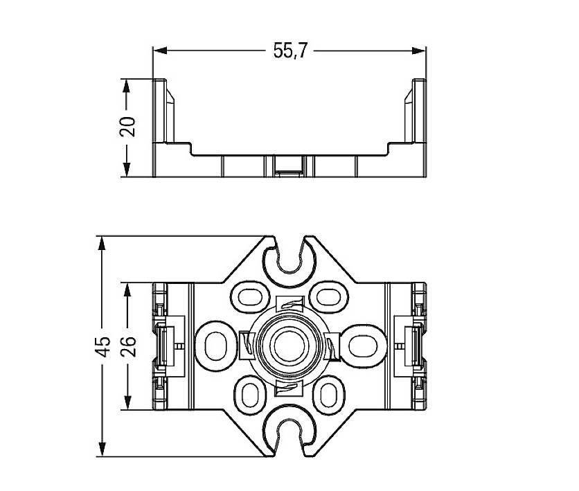 Rysunek techniczny elementu mechanicznego z podanymi wymiarami: szerokość 55,7 mm, wysokość 20 mm, głębokość 45 mm oraz szczegółowa głębokość 26 mm.