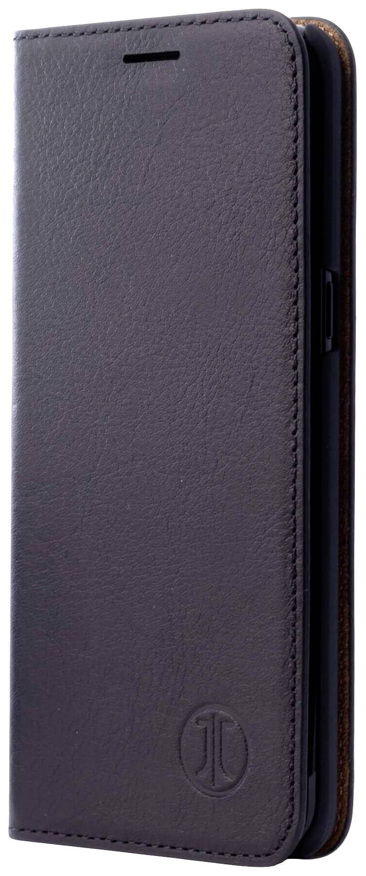 Zamknięte, brązowe etui skórzane na smartfona z wytłoczonym logo w dolnym prawym rogu.