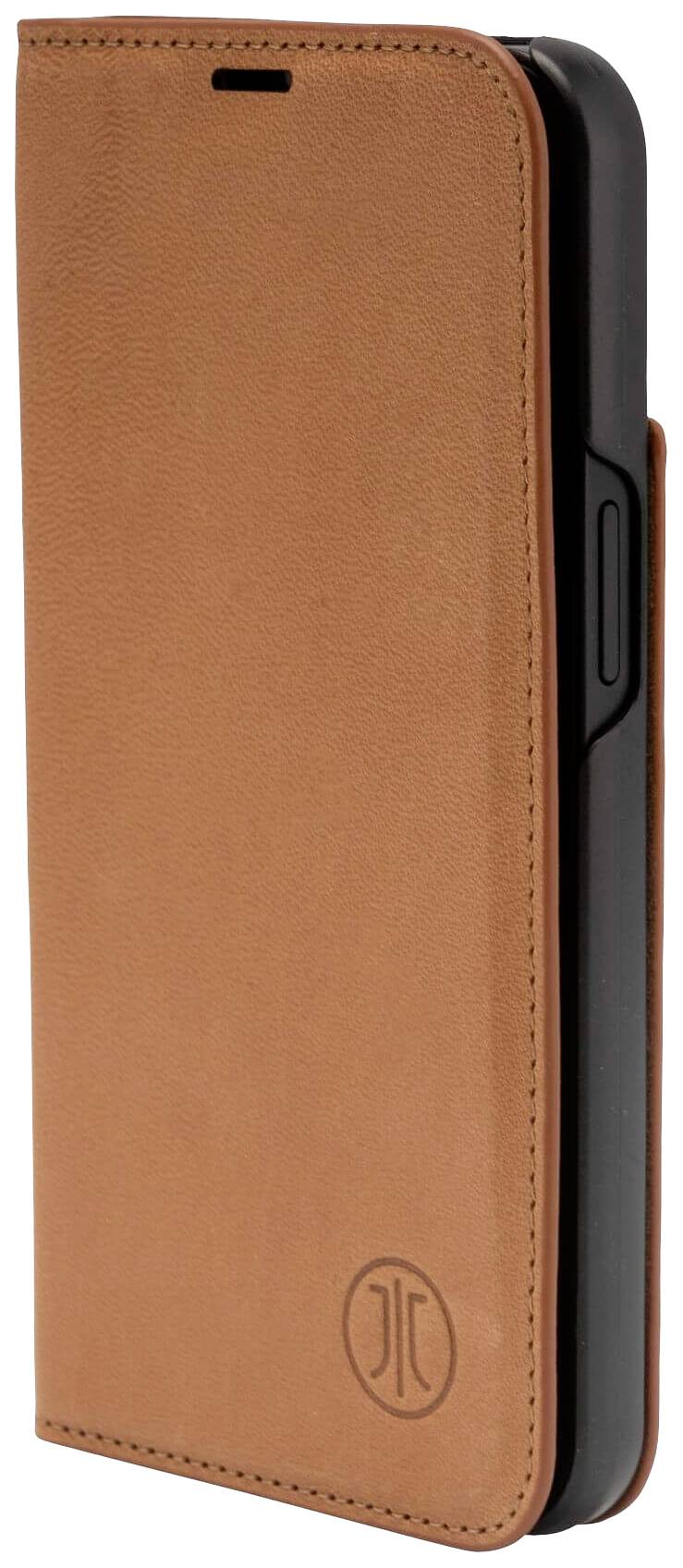 Brązowe etui skórzane na telefon z tłoczonym logo, zamknięte. Chroni przed zarysowaniami i upadkami.