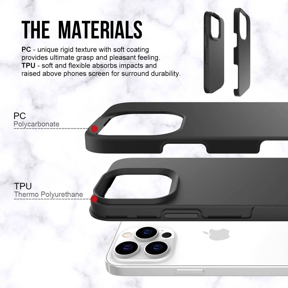 'Die Materialien' prezentuje etui na telefony wykonane z PC (poliwęglanu) i TPU (termoplastycznego poliuretanu) o cechach takich jak wytrzymałość i miękkie wykończenie.