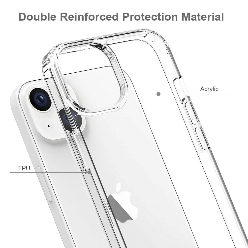 Przezroczysta obudowa na telefon wykonana z podwójnie wzmacnianego materiału, oznaczona TPU i akrylem, chroniąca iPhone'a.