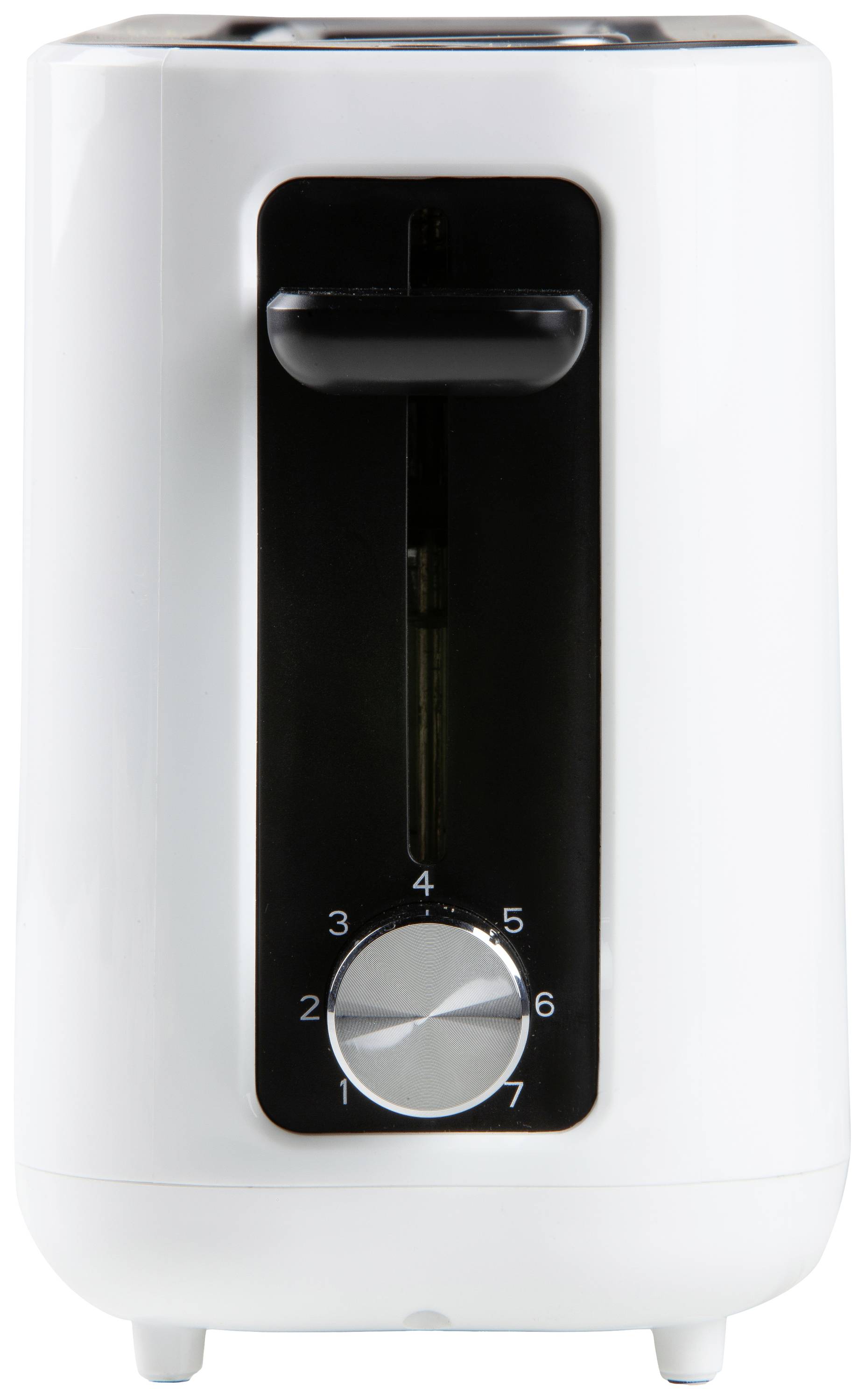 Biały toster z czarną przednią ścianką i srebrnym pokrętłem do regulacji stopni przypieczenia od jeden do siedmiu.
