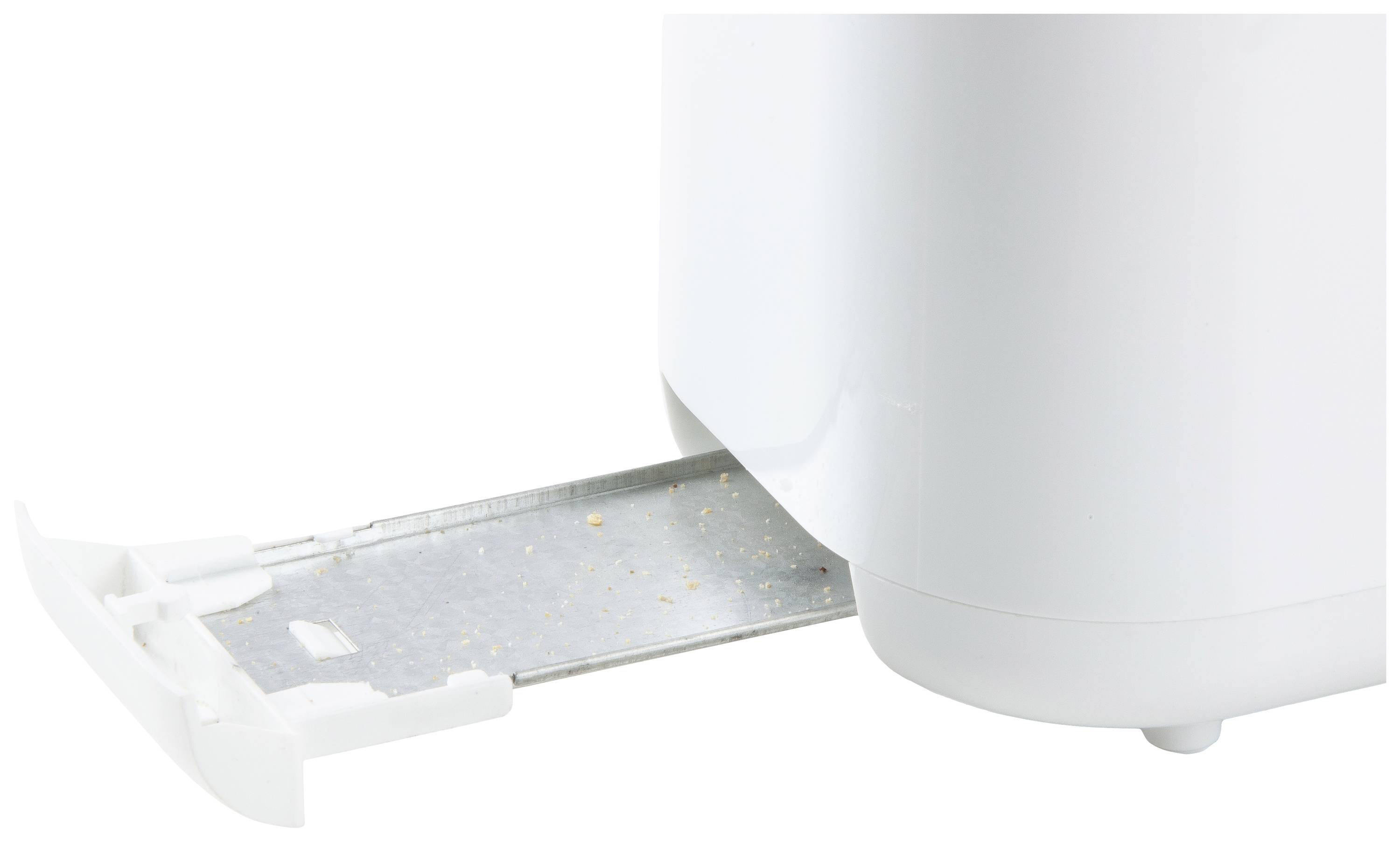 Toster z otwartą szufladką na okruchy, w której znajduje się kilka okruchów.