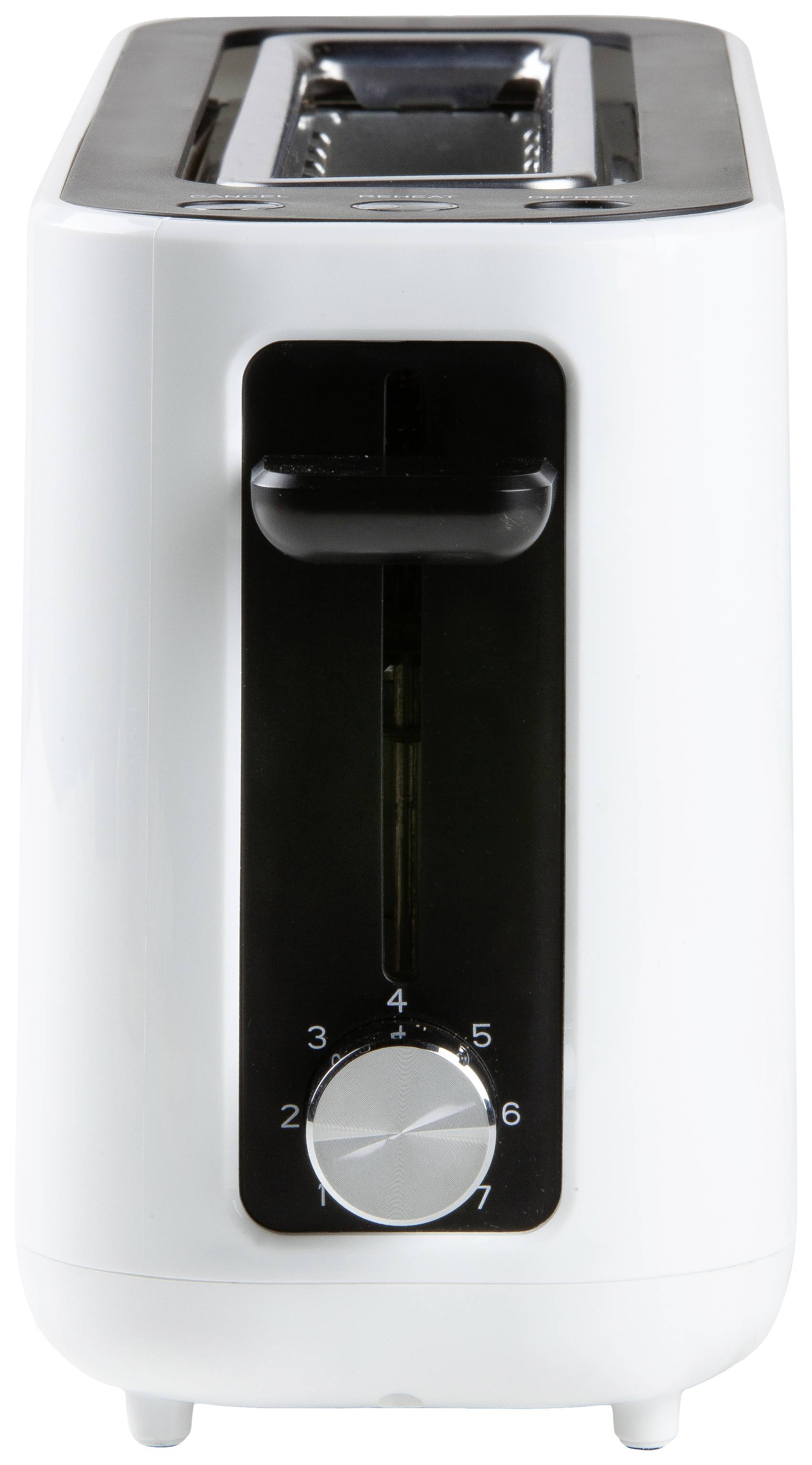 Biały toster z jednym otworem na chleb od góry, dźwignią z boku oraz pokrętłem do regulacji stopnia przyrumieniania.