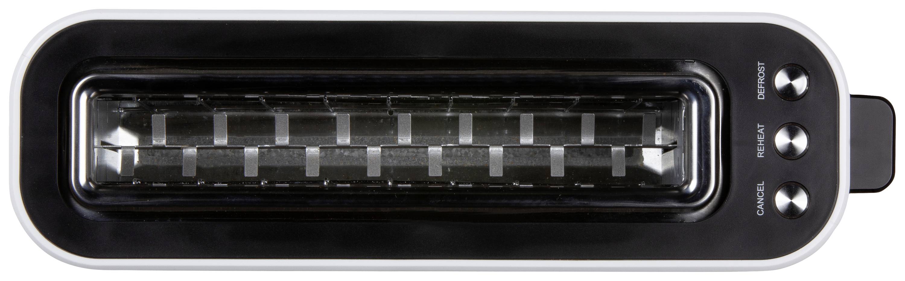 Toster z poziomą szczelina na plastry chleba. Przyciski sterujące z boku: 'Anuluj', 'Podgrzej', 'Rozmroź'.