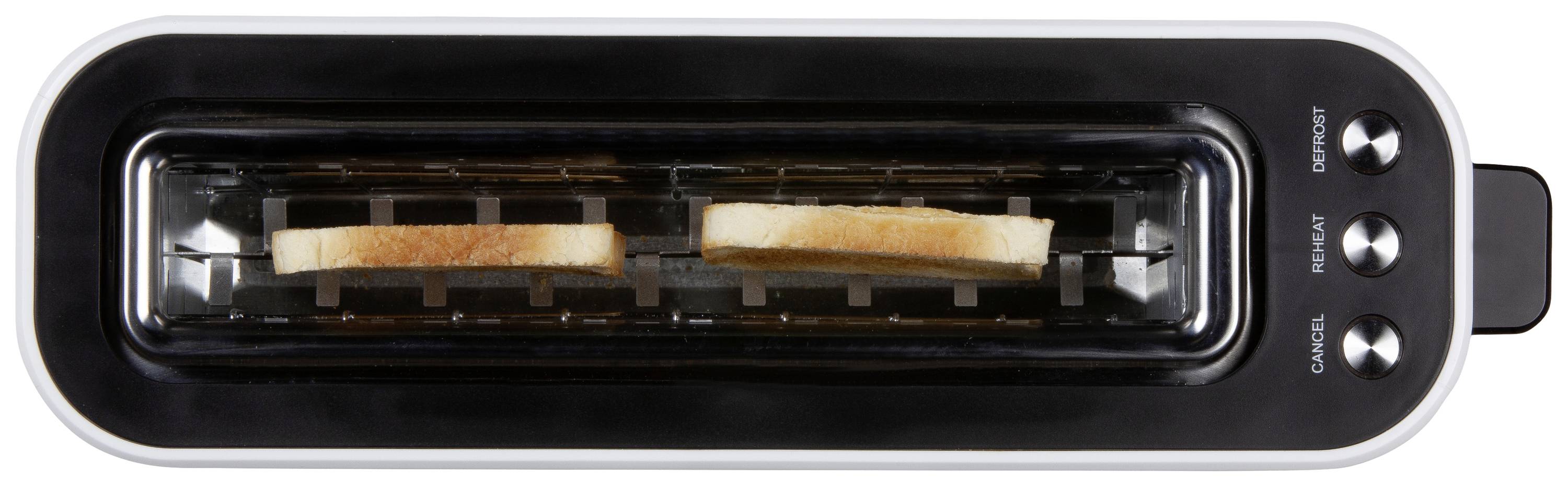 Toster z długą szczelina od góry, dwie plastry opieczonego chleba, przyciski: 'Anuluj', 'Grzej', 'Rozmrażaj'.