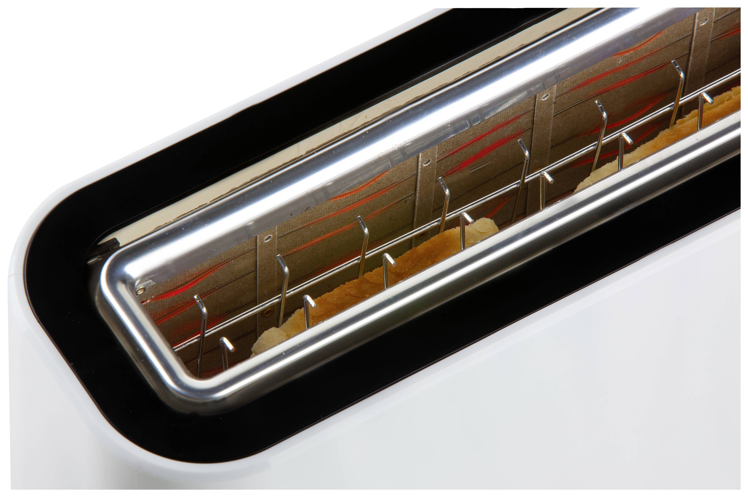 Toster podczas opiekania dwóch kromek chleba, sfotografowany z góry, z widocznymi czerwono świecącymi elementami grzejnymi.