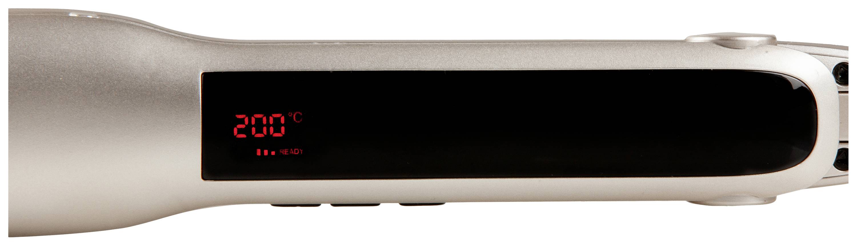 Cyfrowy wyświetlacz prostownicy do włosów pokazuje temperaturę '200°C'.