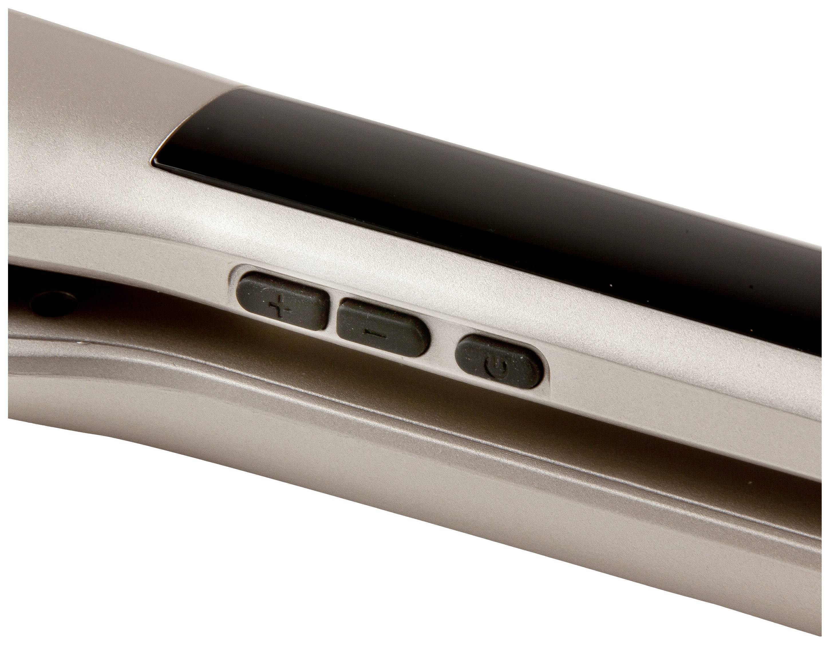 Zbliżenie żelazka prostownicy z trzema przyciskami: Plus, Minus oraz włącznik/wyłącznik. Urządzenie posiada smukłą, nowoczesną stylistykę.