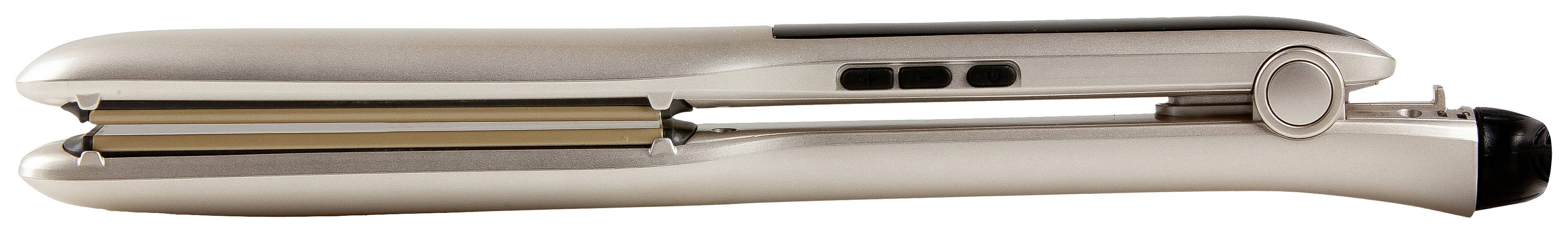 Prostownica do włosów z metalowymi elementami w kolorach czarnym i złotym.