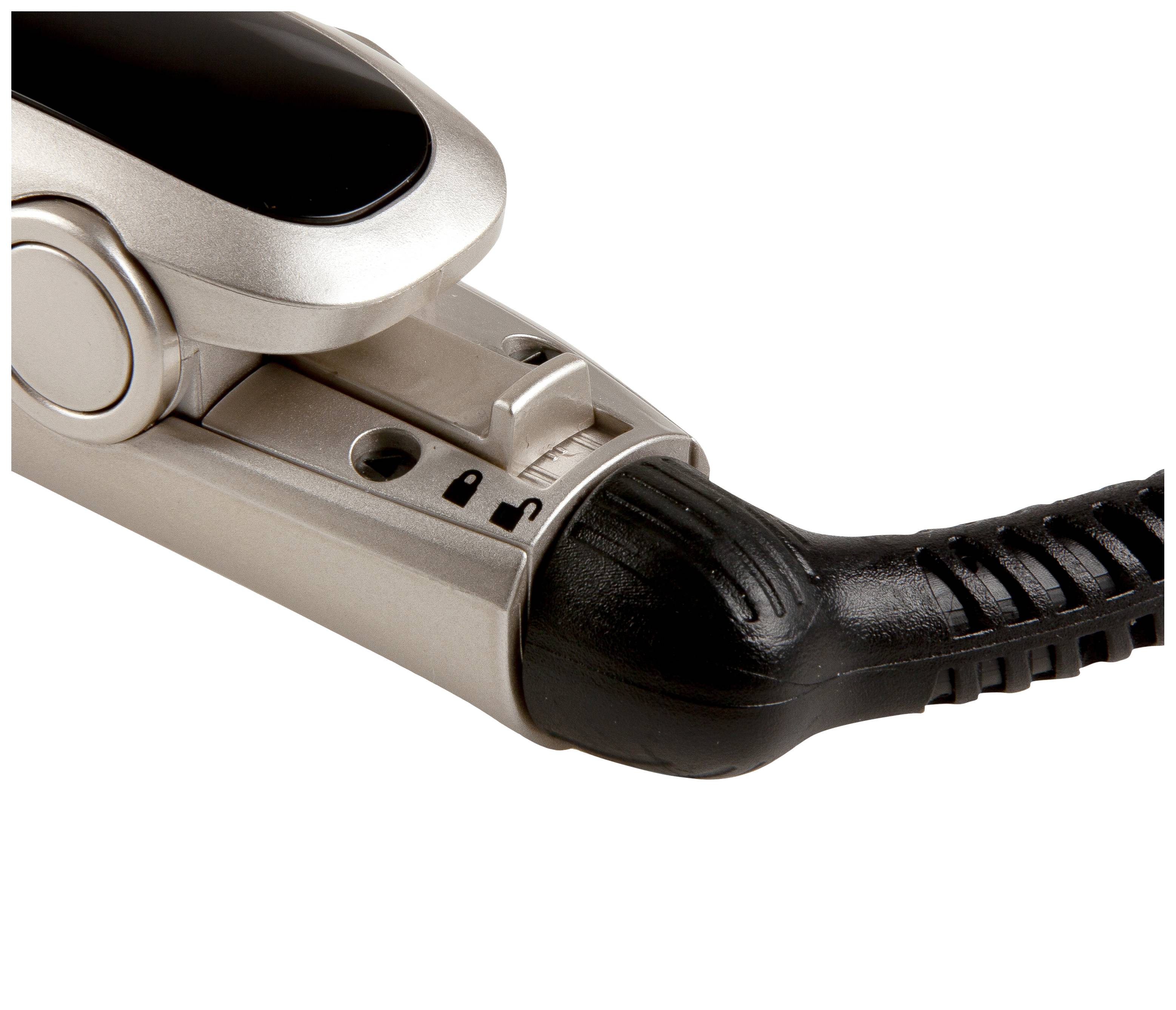 Lokówka z regulacją temperatury i czarnym przewodem sieciowym, wykonana z srebrnego materiału.