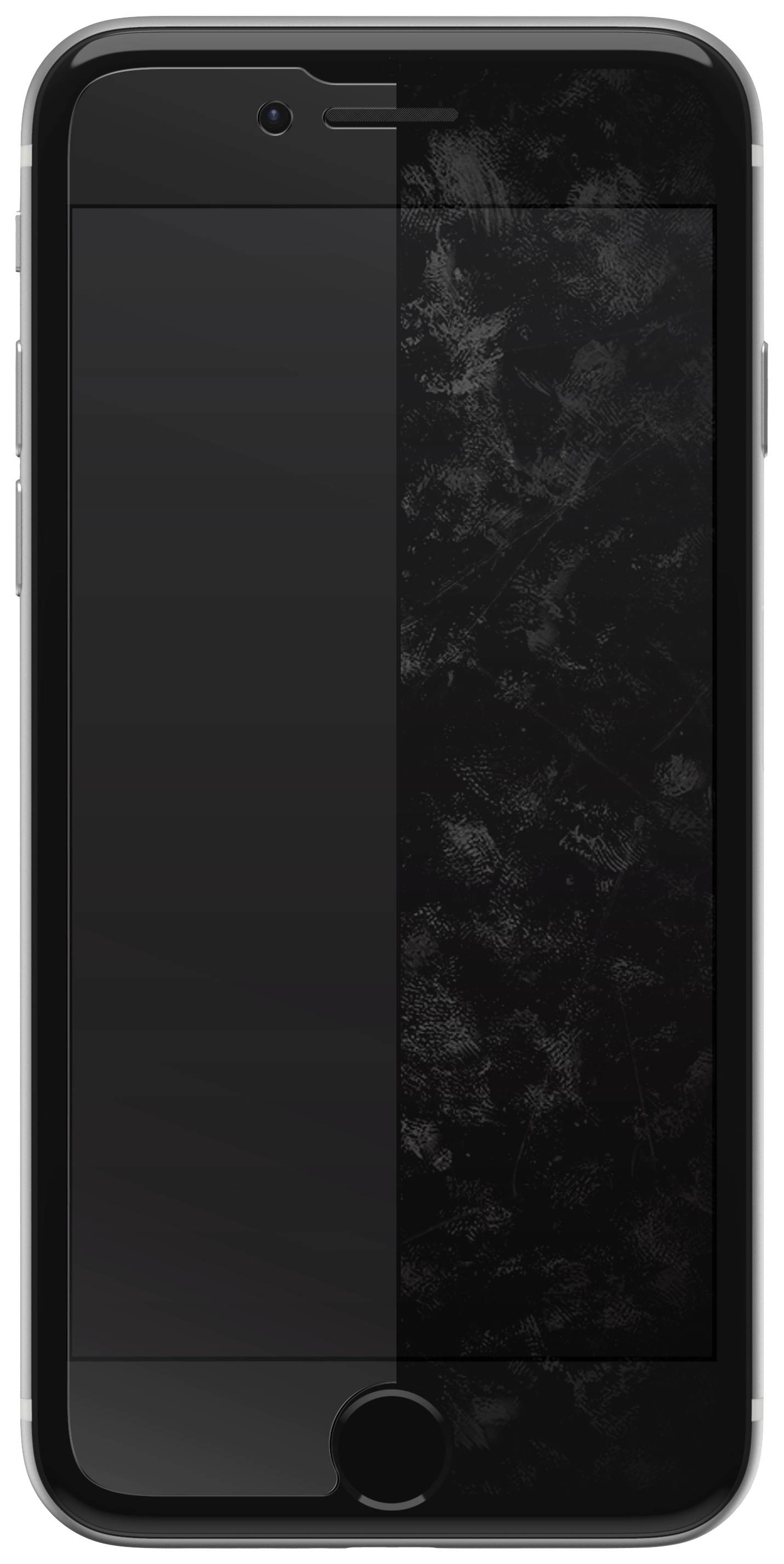 Smartfon z czarnym ekranem i przyciskiem Home, przedstawiony od przodu.