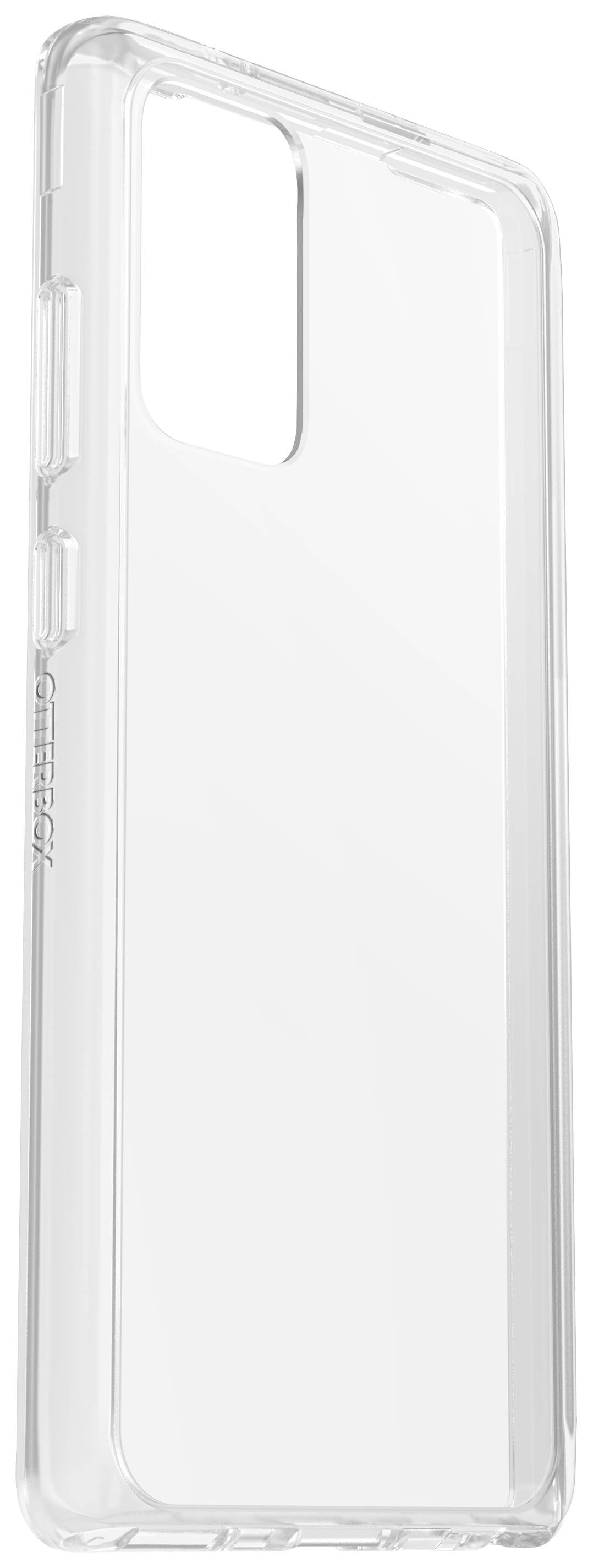 Przezroczyste etui na telefon z tworzywa sztucznego, stojące, z wycięciami na aparat i przyciski.