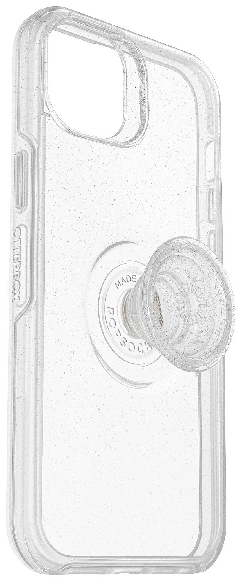 Przezroczyste etui na telefon z zintegrowanym okrągłym uchwytem z tyłu dla lepszego trzymania.